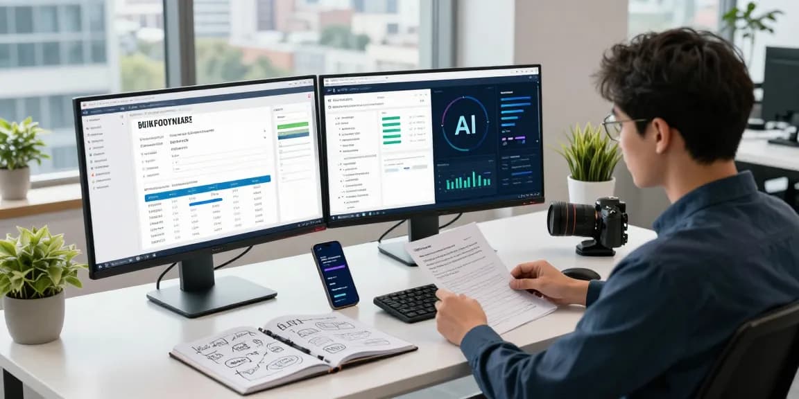 Data analyst detecting fake receipts in a modern workspace using advanced AI technology.