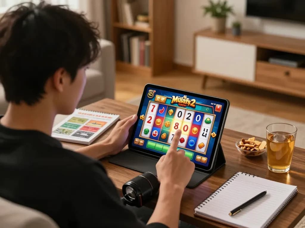 Engaging with Mahjong Ways 2 slot game on a tablet in a cozy living room setting, showcasing responsible gaming.