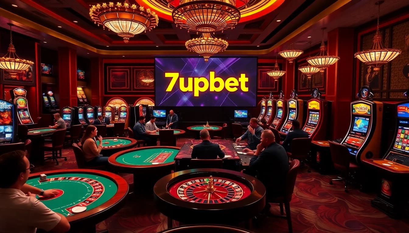 Players enjoying casino games with 7upbet branding, showcasing excitement and luxury.