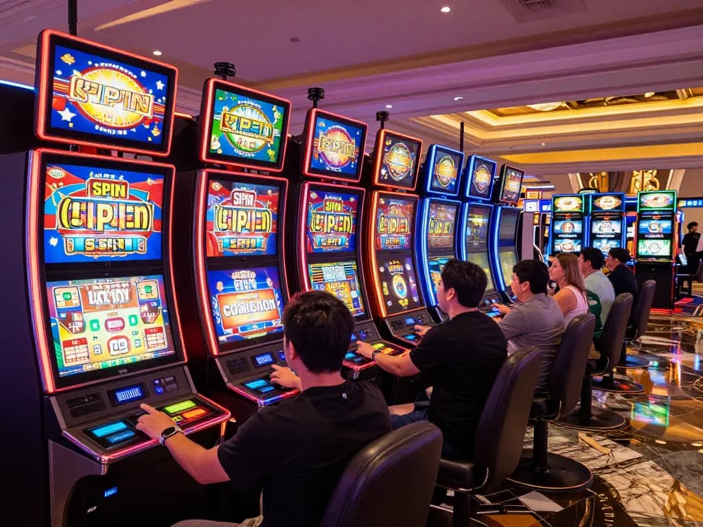 Players engaging with slot machines in a lively casino environment showcasing w 88 gaming excitement.