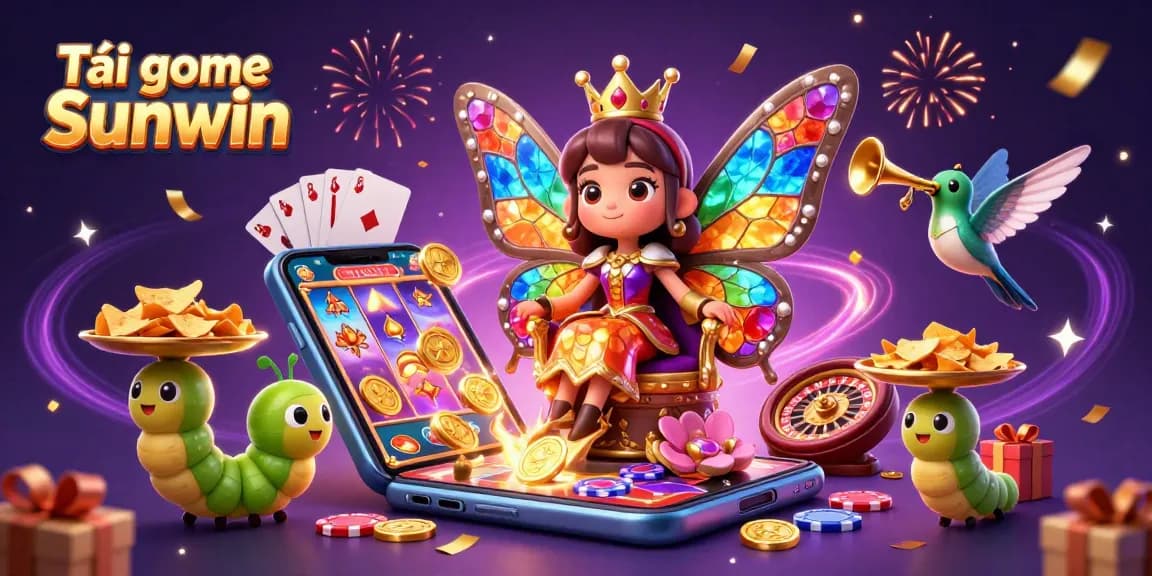Tải game Sunwin to enjoy a vibrant 3D illustration of gaming elements, coins, and characters celebrating luck.