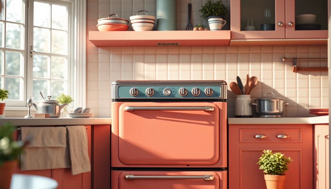Retrofitted kitchen showcasing a Retro Oven with a vintage design in warm tones.