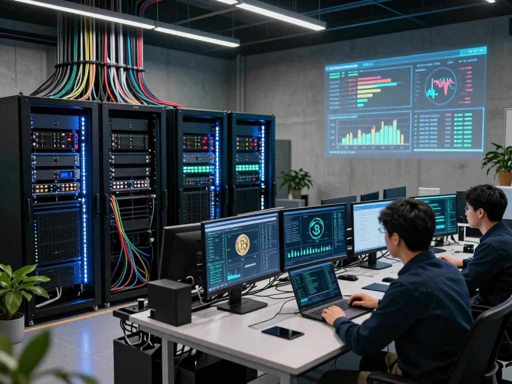 AI crypto mining operation in a modern data center with advanced technology and analytics.