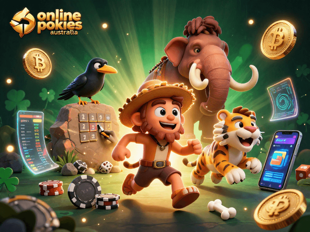 Experience thrilling online pokies Australia with a cartoon caveman and sabertooth tiger in a vibrant prehistoric casino scene.