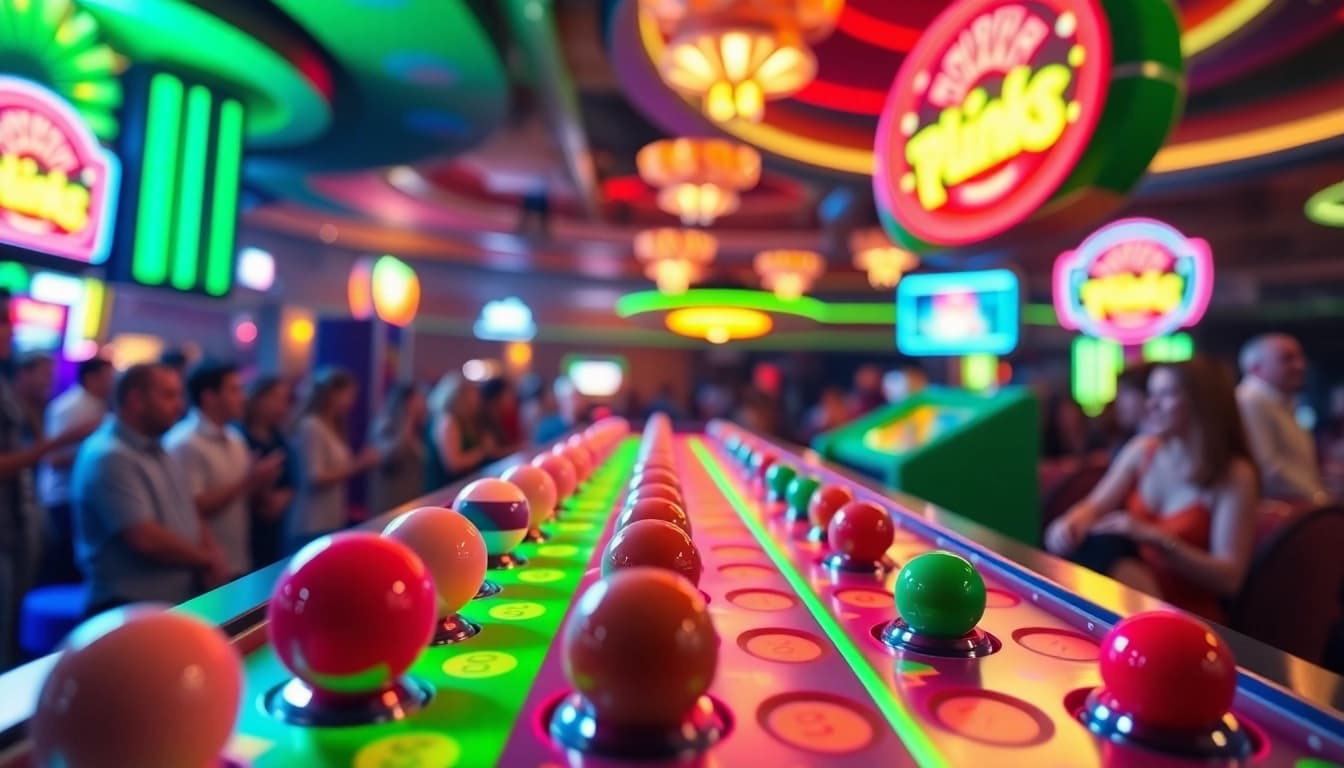Menang besar di plinko slot sambil menikmati suasana kasino yang ceria dan hidup.
