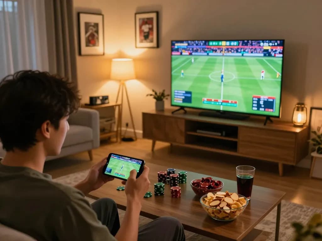 Player placing live bets on 58win while watching a sports match in a cozy living room.