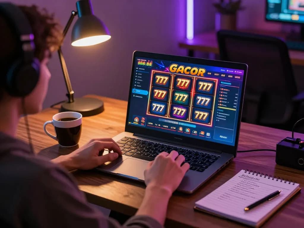 Playing slot gacor 777 on laptop in cozy home setup, highlighting casual online gaming experience.