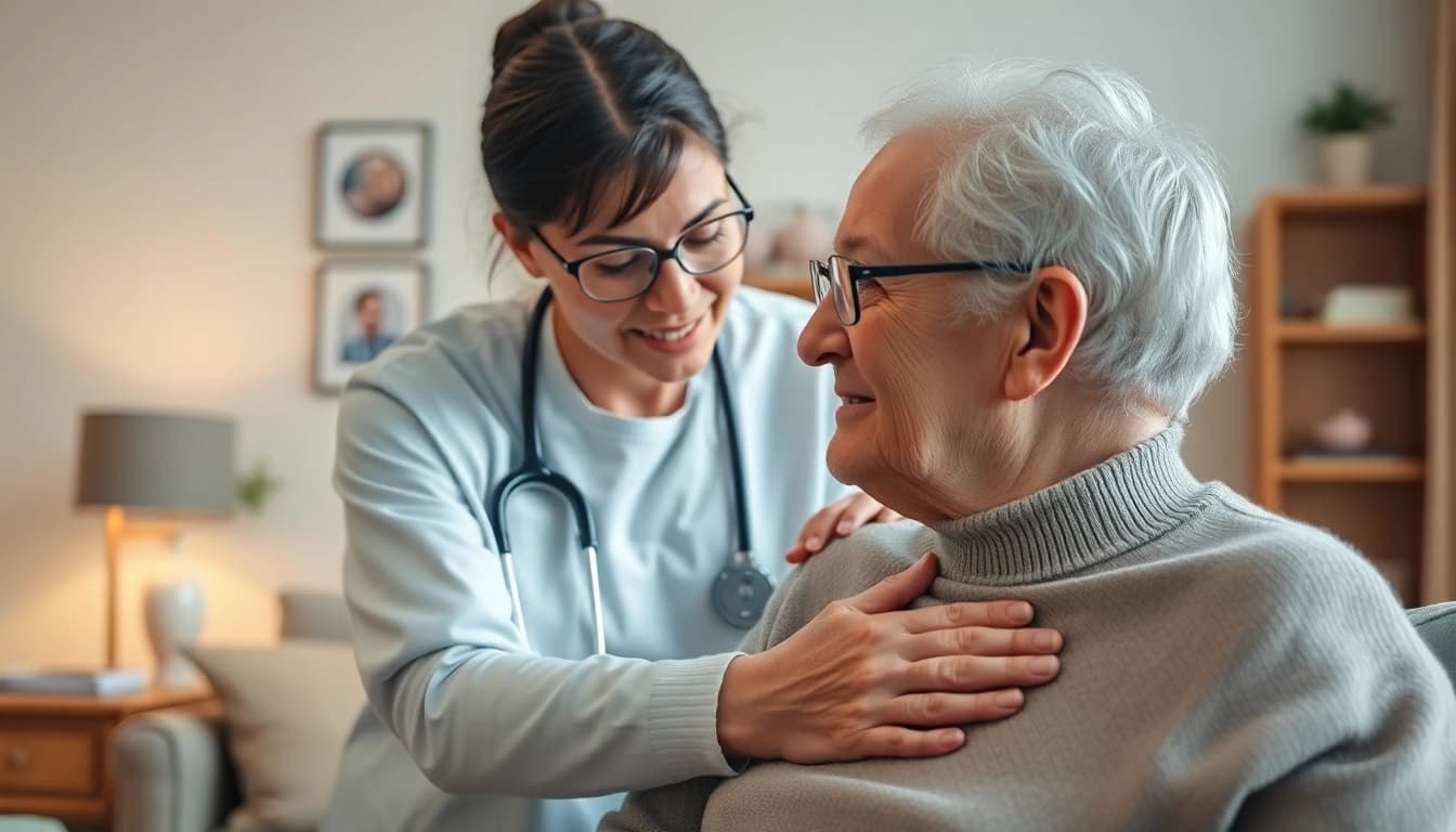 Elderly in home care near me: Professional caregiver supporting an elderly person in a cozy home.