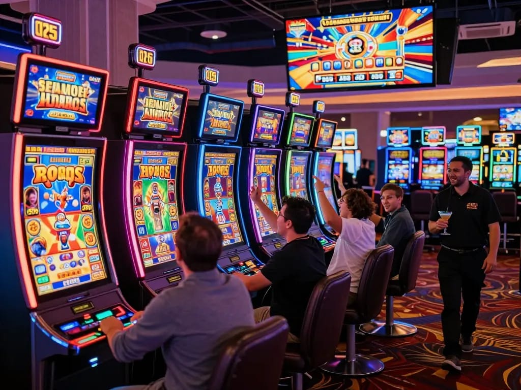 Mesin slot link yang menarik dengan pemain merayakan kemenangan dalam suasana kasino yang hidup.