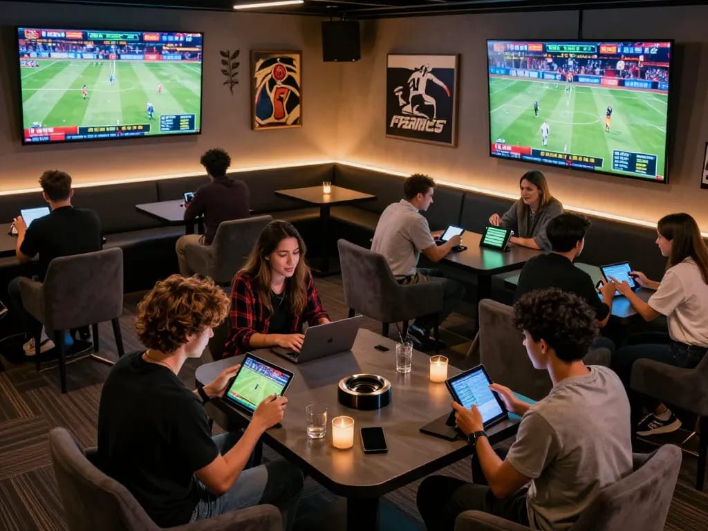 TIGERASIA88 patrons intensely discussing bets in vibrant sports betting lounge.