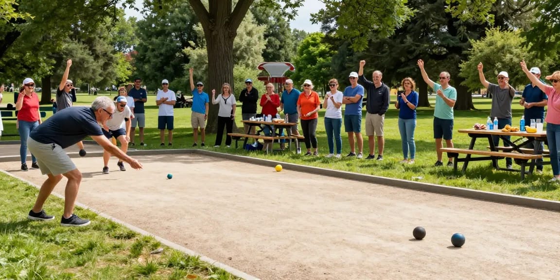 Permainan petanque di fopikotakendari.org dengan pemain bersemangat dan suasana ceria di taman.