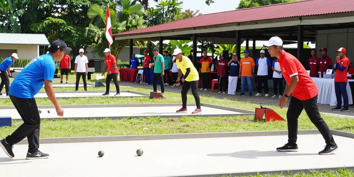 Aktivitas turnamen petanque di fopikotabitung.org yang menunjukkan pemain beraksi dan penonton mendukung.