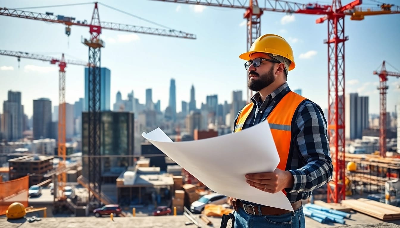 Manhattan Commercial General Contractor supervising a bustling construction site in an urban environment.