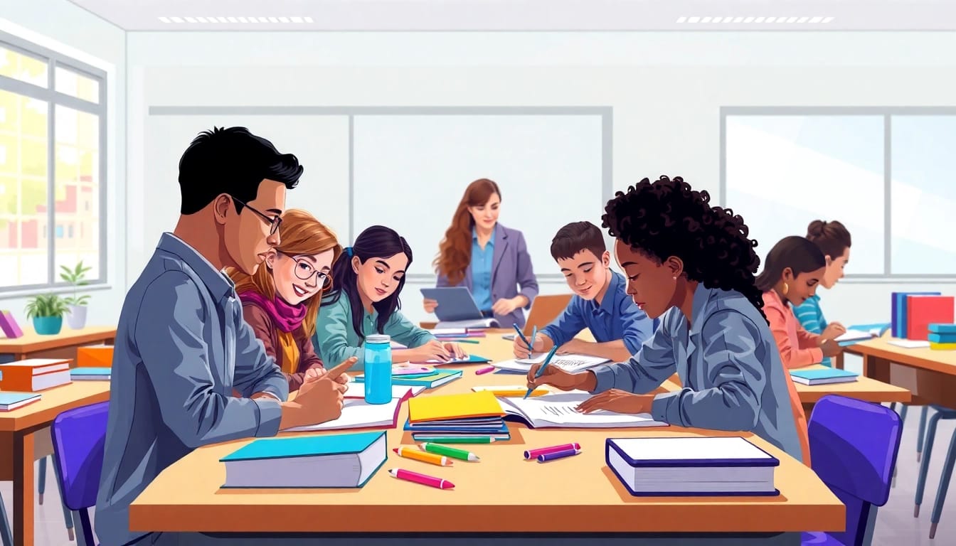 Engaging scenes of Education in a dynamic classroom with diverse students collaborating.