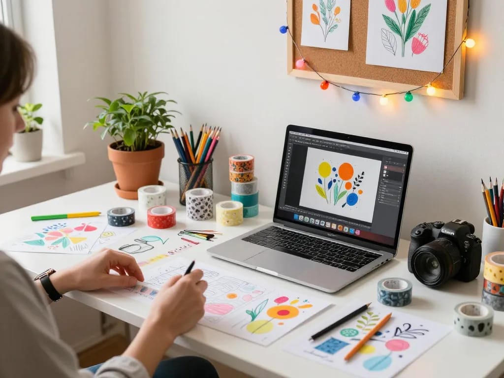 Creating custom washi tape designs in a colorful artistic workspace filled with craft supplies and natural light.