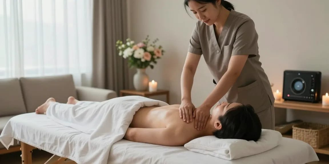 송파출장마사지 중인 전문 마사지사의 케어 모습과 아늑한 실내 환경