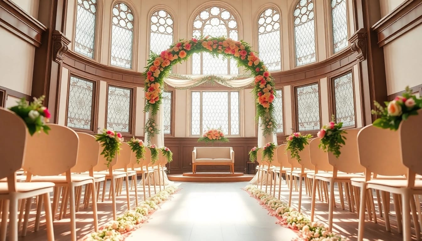 Stunning Wedding Event Space Jacksonville with floral arch and natural light.