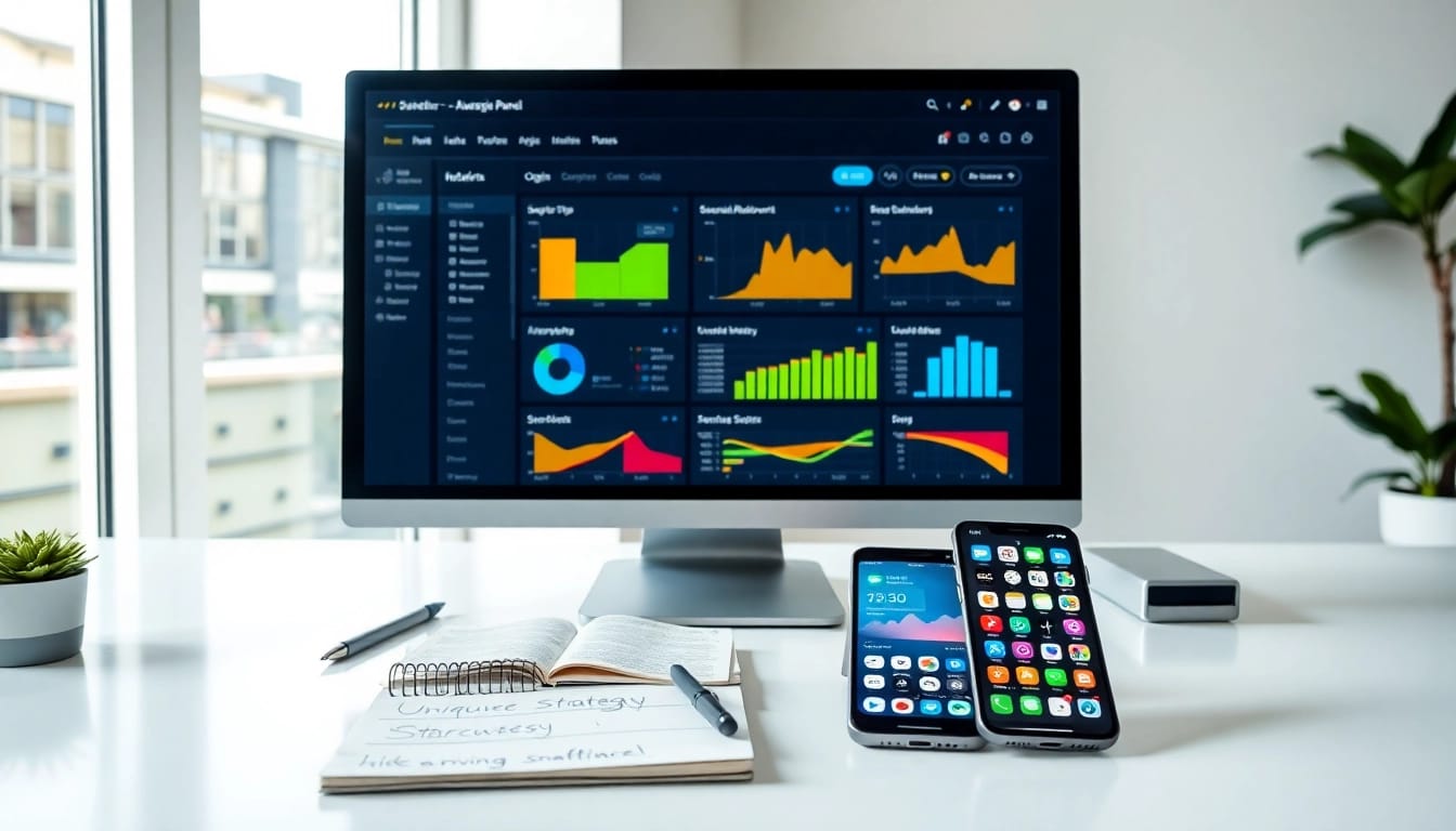 Showcase of an smm reseller panel dashboard in a professional workspace with social media elements.