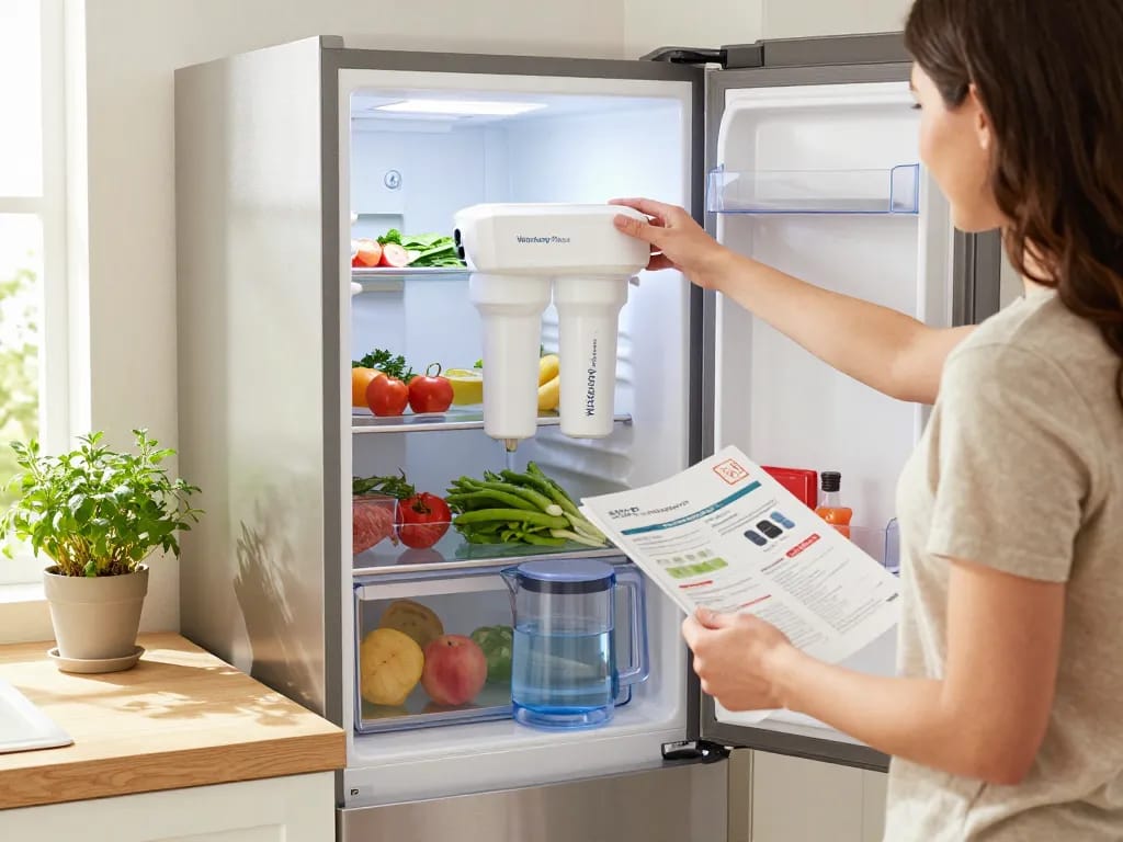 Waterdrop Plus XWF Replacement for GE® XWF water filter installation in a modern kitchen, promoting health.