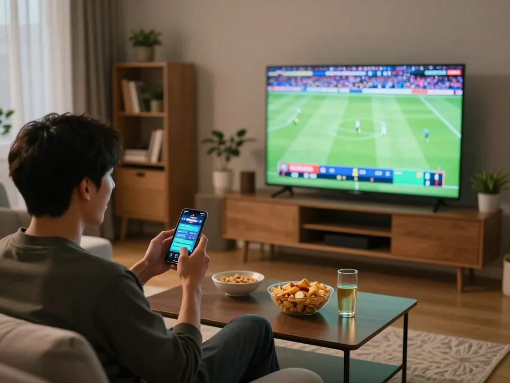 Person engaging in sports betting on Cakhia during a live football match at home.
