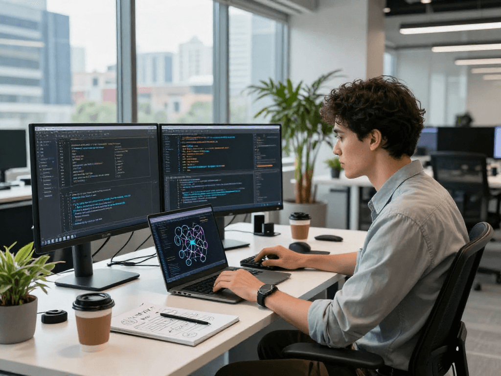 Developer immersed in AI coding at a modern workspace, showcasing crush on ai innovation.