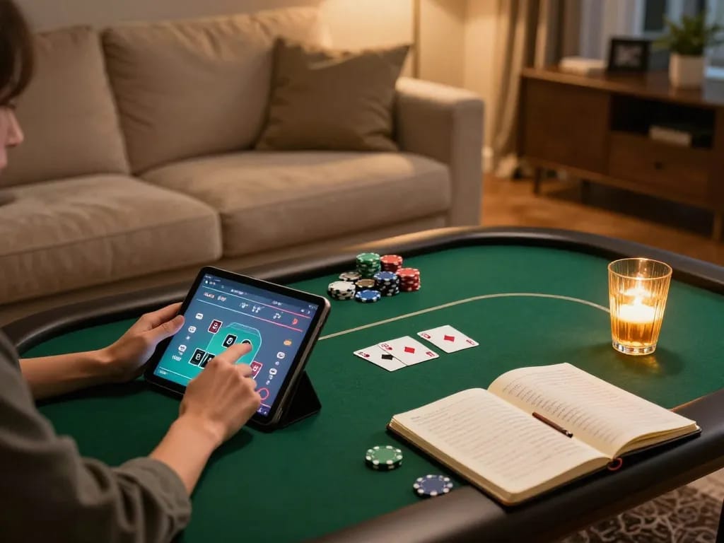 Engaging gameplay with hitclubapk on tablet, showcasing strategic poker session at home.