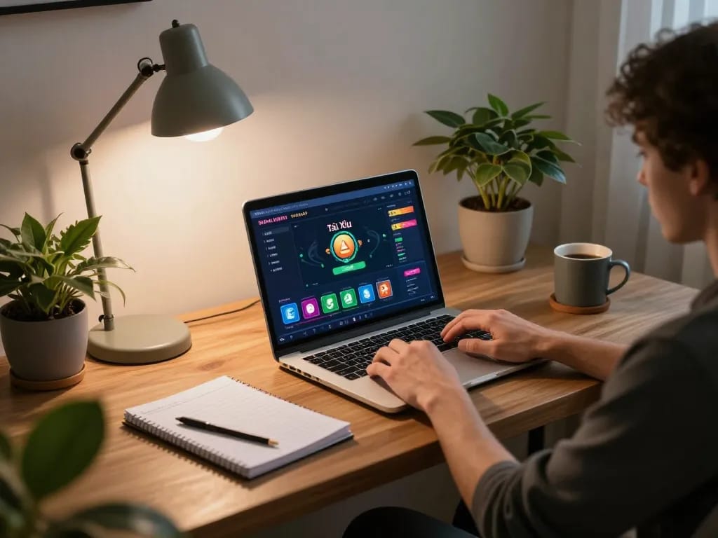 Tài Xỉu online uy tín being played on laptop in a cozy home setup, showcasing strategic gameplay.