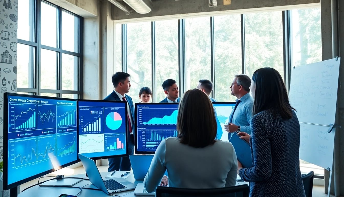 Illustration of AI for competitor analysis, showcasing professionals engaged in collaboration and data analysis.