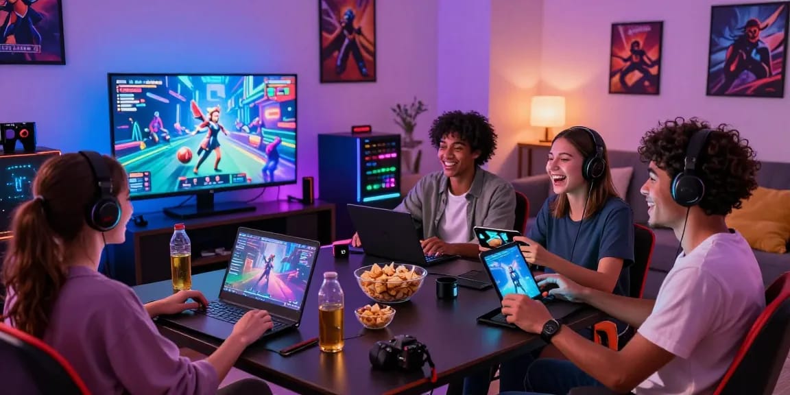 Group of friends enjoying xxx games on laptops and tablets in a vibrant gaming room.