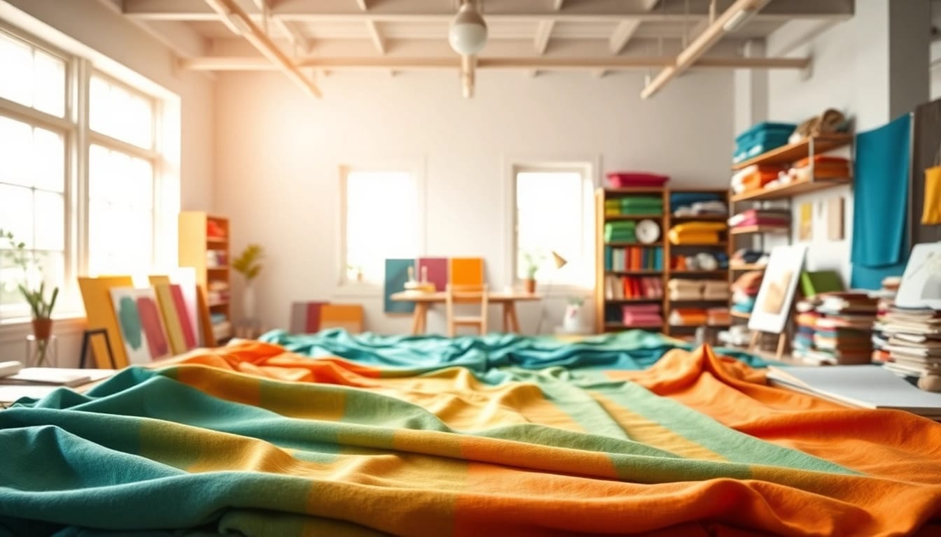 canvas stof in een creatieve studio met kleurrijke stoffen en gereedschappen