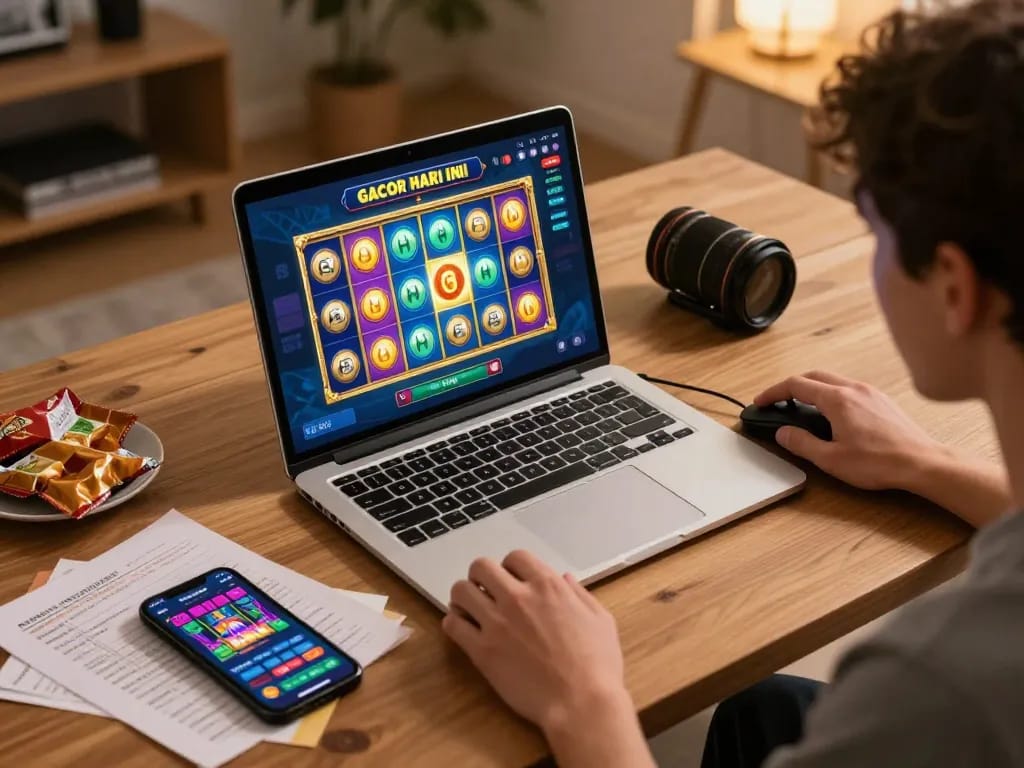 Engaging gameplay on laptop revealing slot gacor hari ini in an immersive online gaming setup
