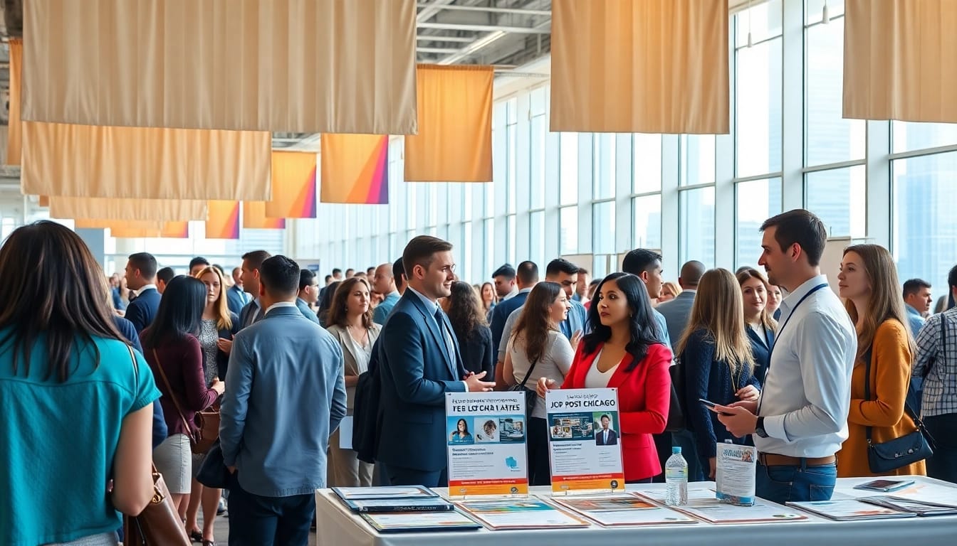 Engaging scene of a job fair highlighting free job post chicago with diverse individuals networking.