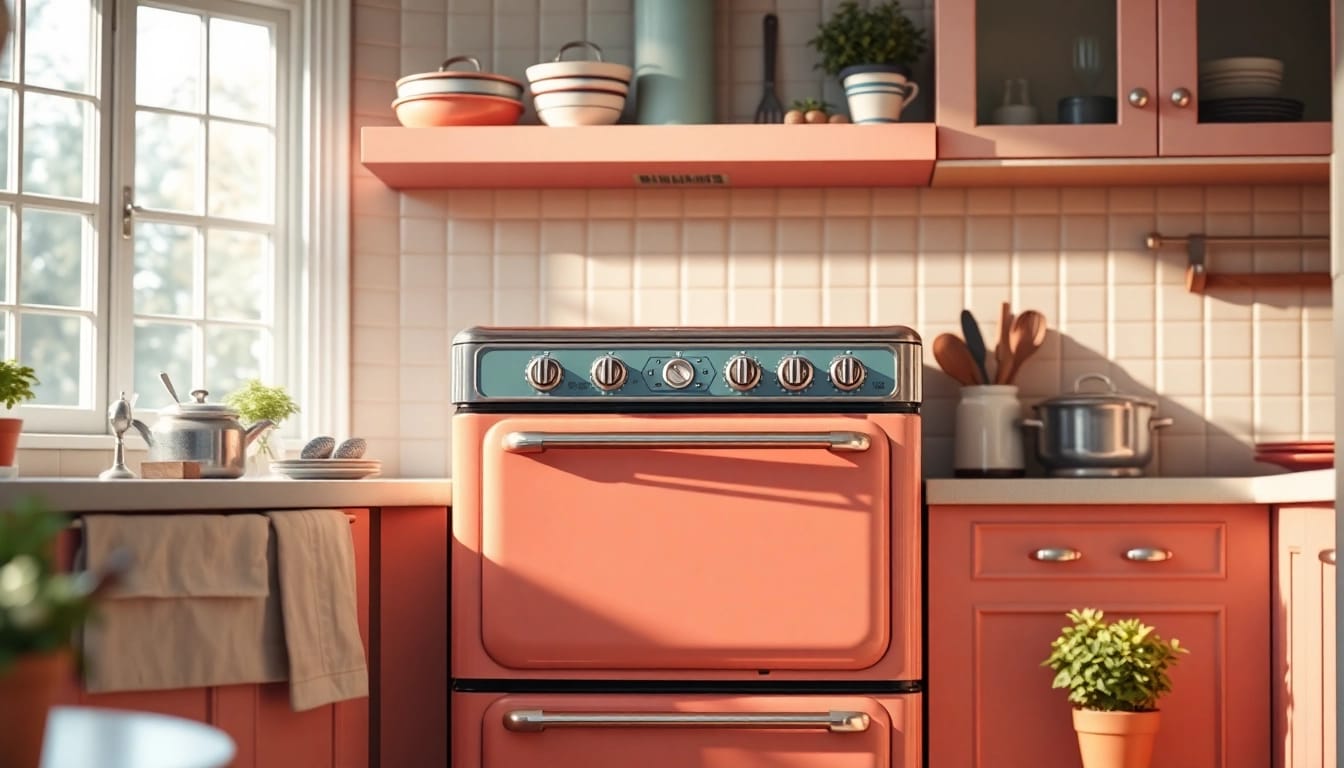 Retrofitted kitchen showcasing a Retro Oven with a vintage design in warm tones.