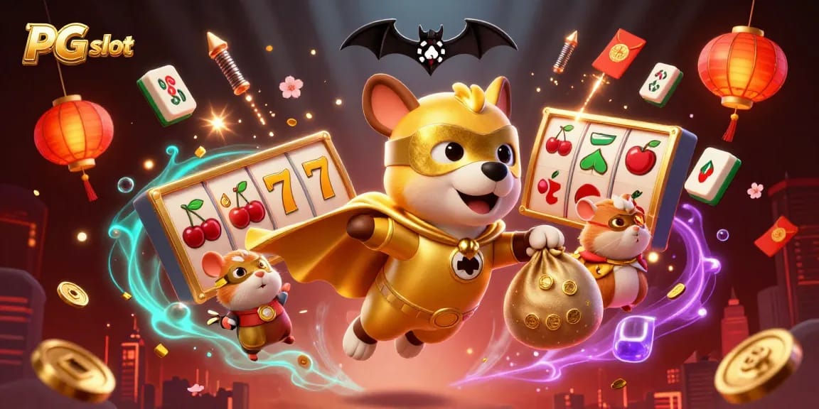 Experience the thrill of PG slot with playful characters amidst dynamic casino elements.