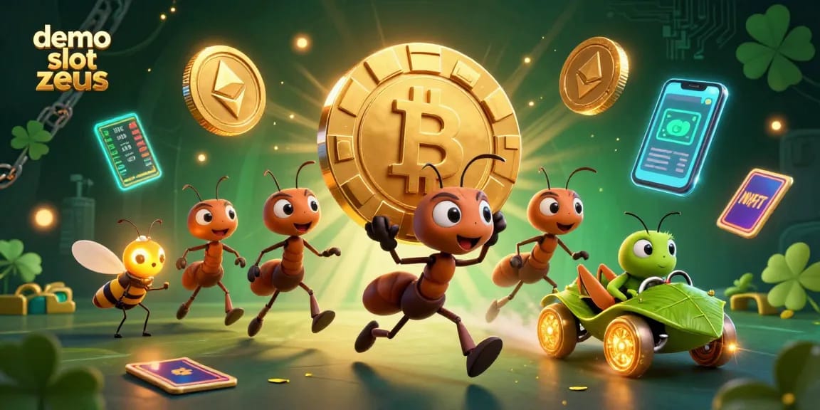 Experience the thrill of demo slot zeus with a dynamic 3D illustration of characters involved in a heist amidst a vibrant gambling scene.