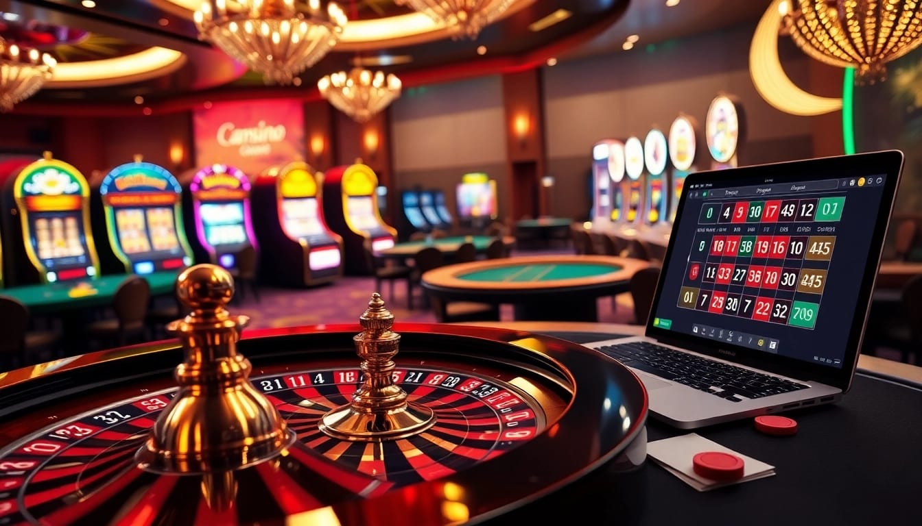 Vivez l'excitation du casino en ligne argent réel avec une scène de roulette palpitante mettant en vedette des tables et des jetons vibrants.