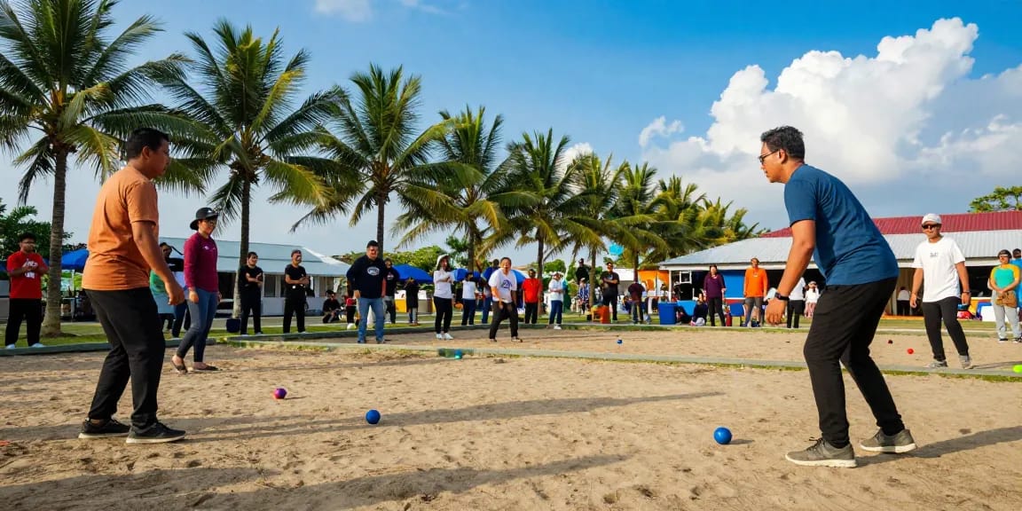 Petanque pertandingan di fopikotabontang.org, pemain lokal bersaing di lapangan luar ruangan.
