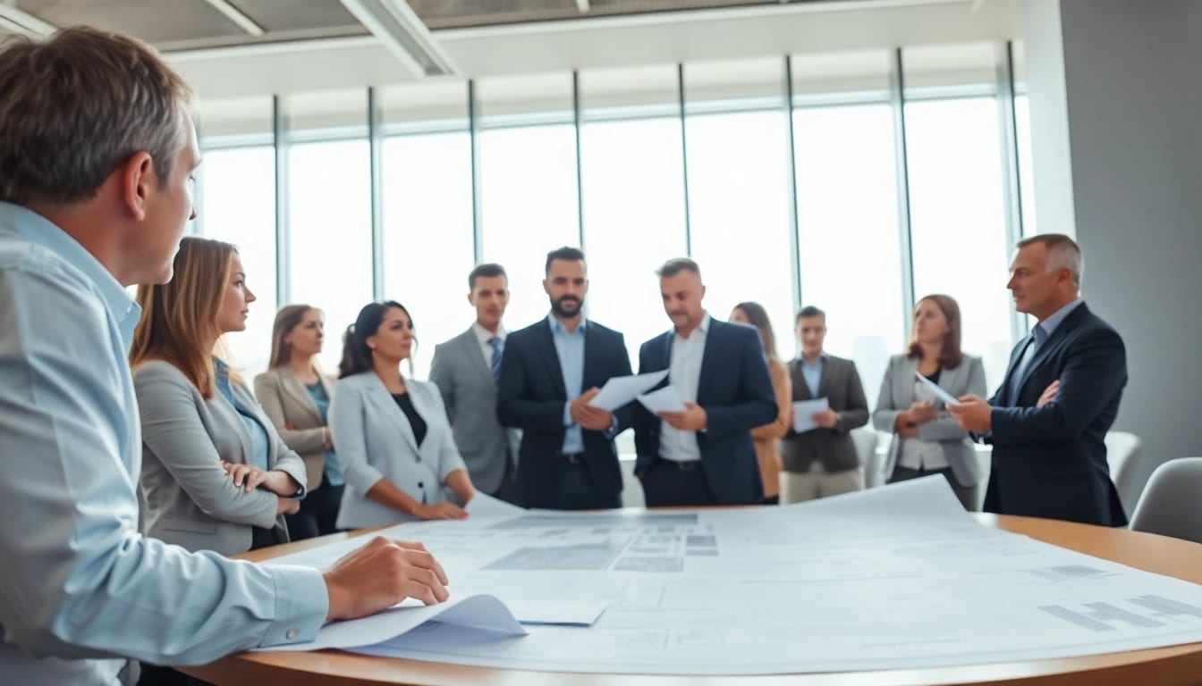 Construction association members collaborating over blueprints in a modern workspace.