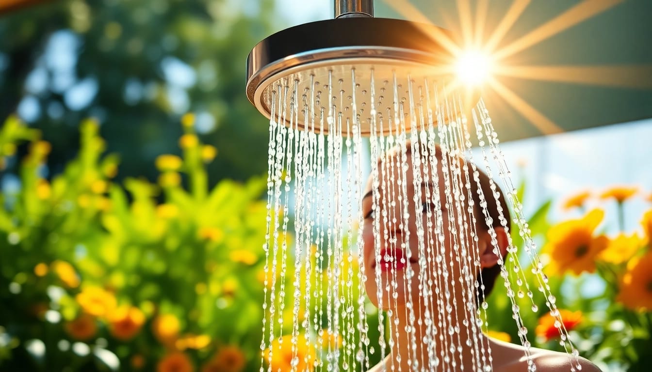 Experience a relaxing sunny shower USA with vibrant greenery and refreshing water droplets.