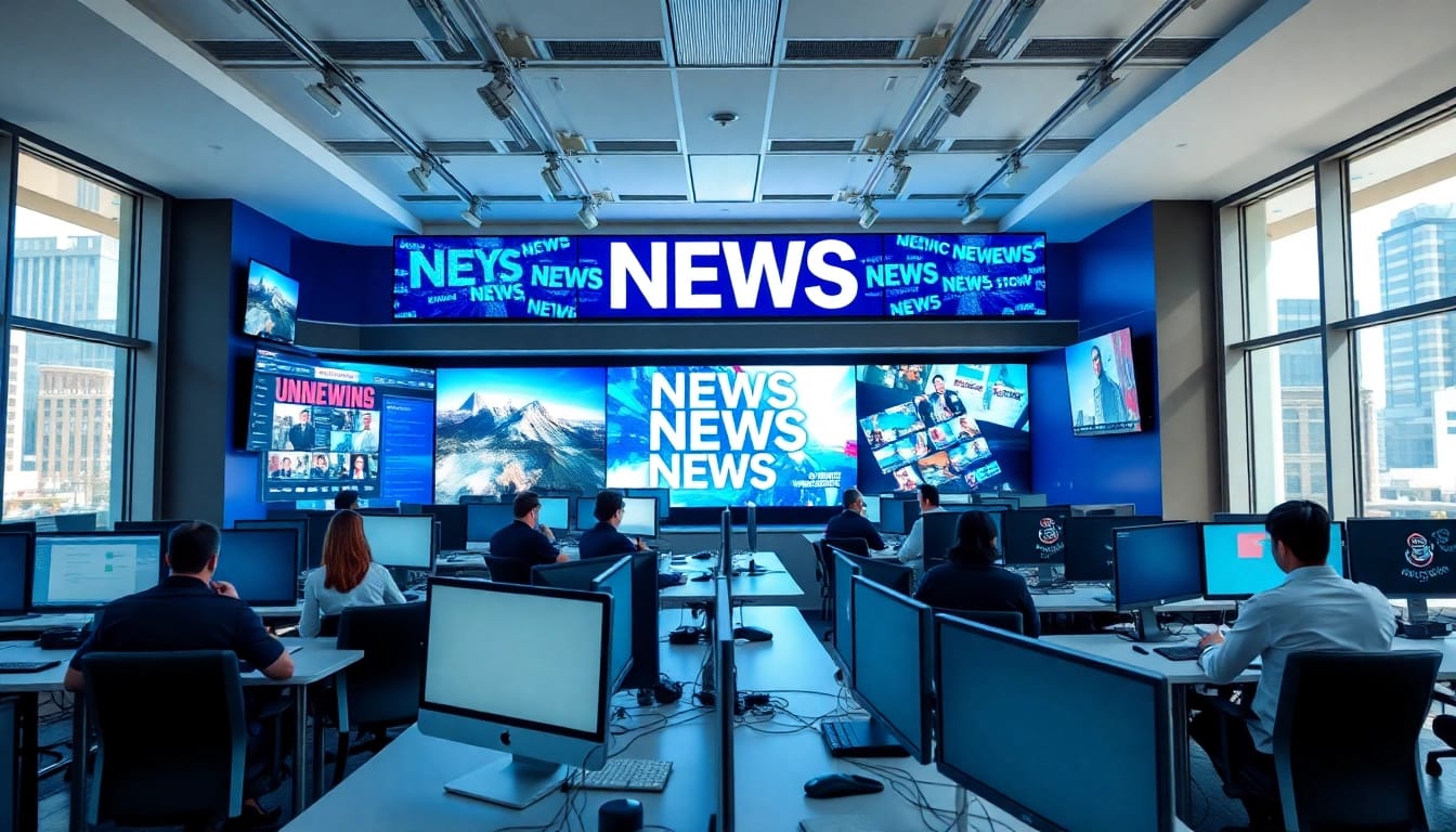 News newsroom setting featuring journalists engaging with technology and digital screens