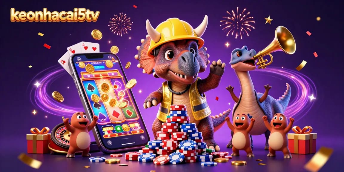 Experience thrilling moments at keonhacai5tv while cartoon triceratops builds poker chip pyramids amidst a festive casino atmosphere.