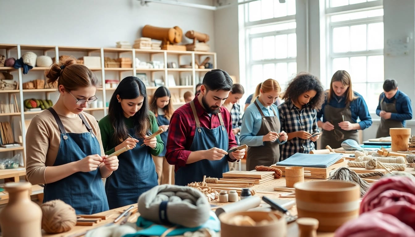 Engaged participants in craft training programs learning hands-on skills in a vibrant workshop.