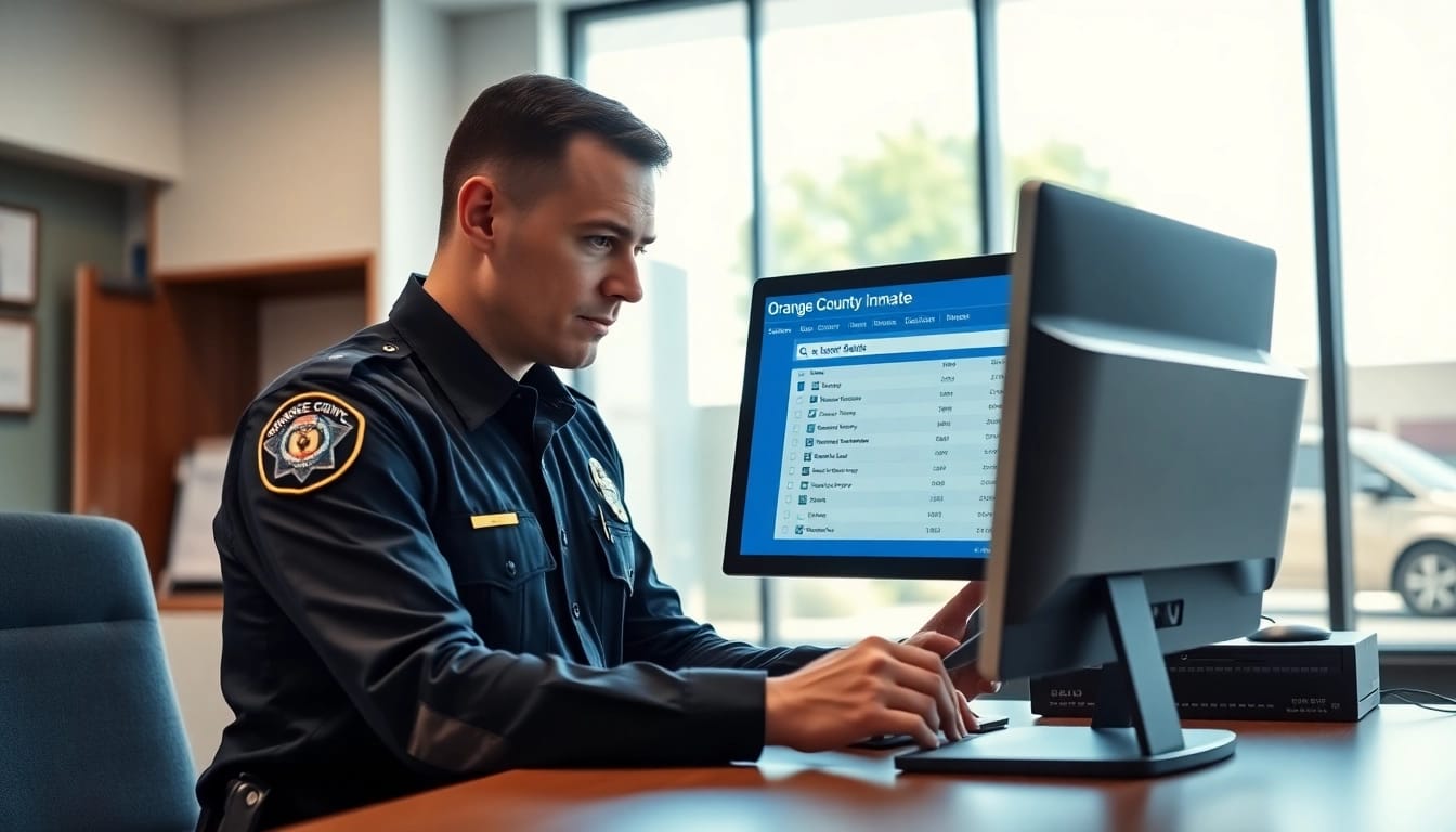 Engaging Orange County Inmate search details on a police officer's screen.