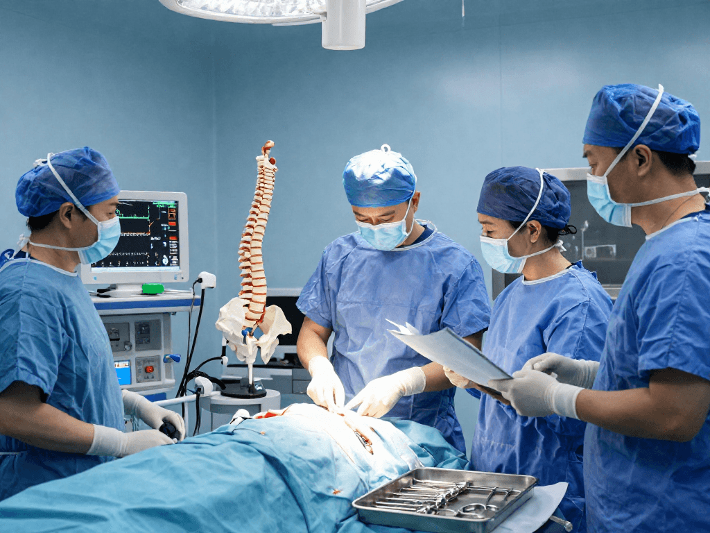 Bel kayması ameliyatı in progress, experienced surgeon preparing in a modern operating room.
