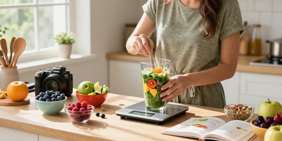 Woman preparing a smoothie with natural antioxidant supplement in a vibrant kitchen
