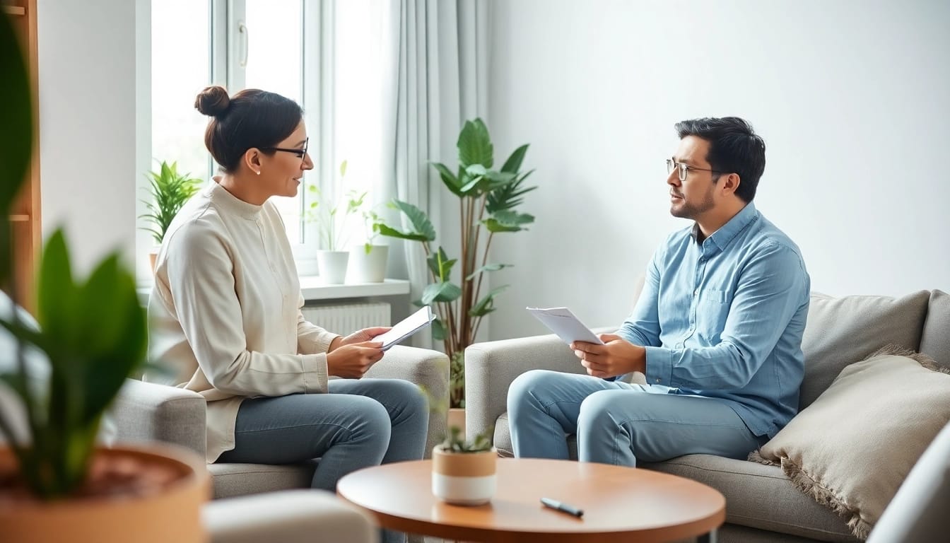 Illustration of a therapist addressing anxiety symptoms with a patient in a calm, inviting space.