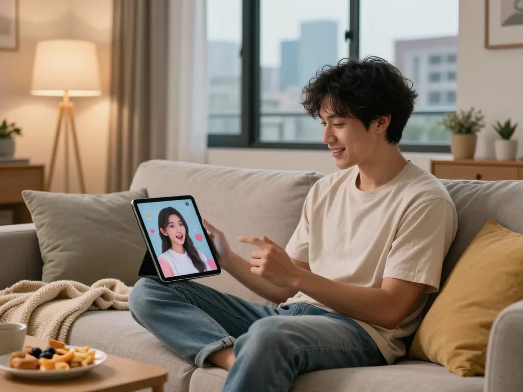Engaging interaction with an AI girlfriend in augmented reality, showcasing a cozy home environment.