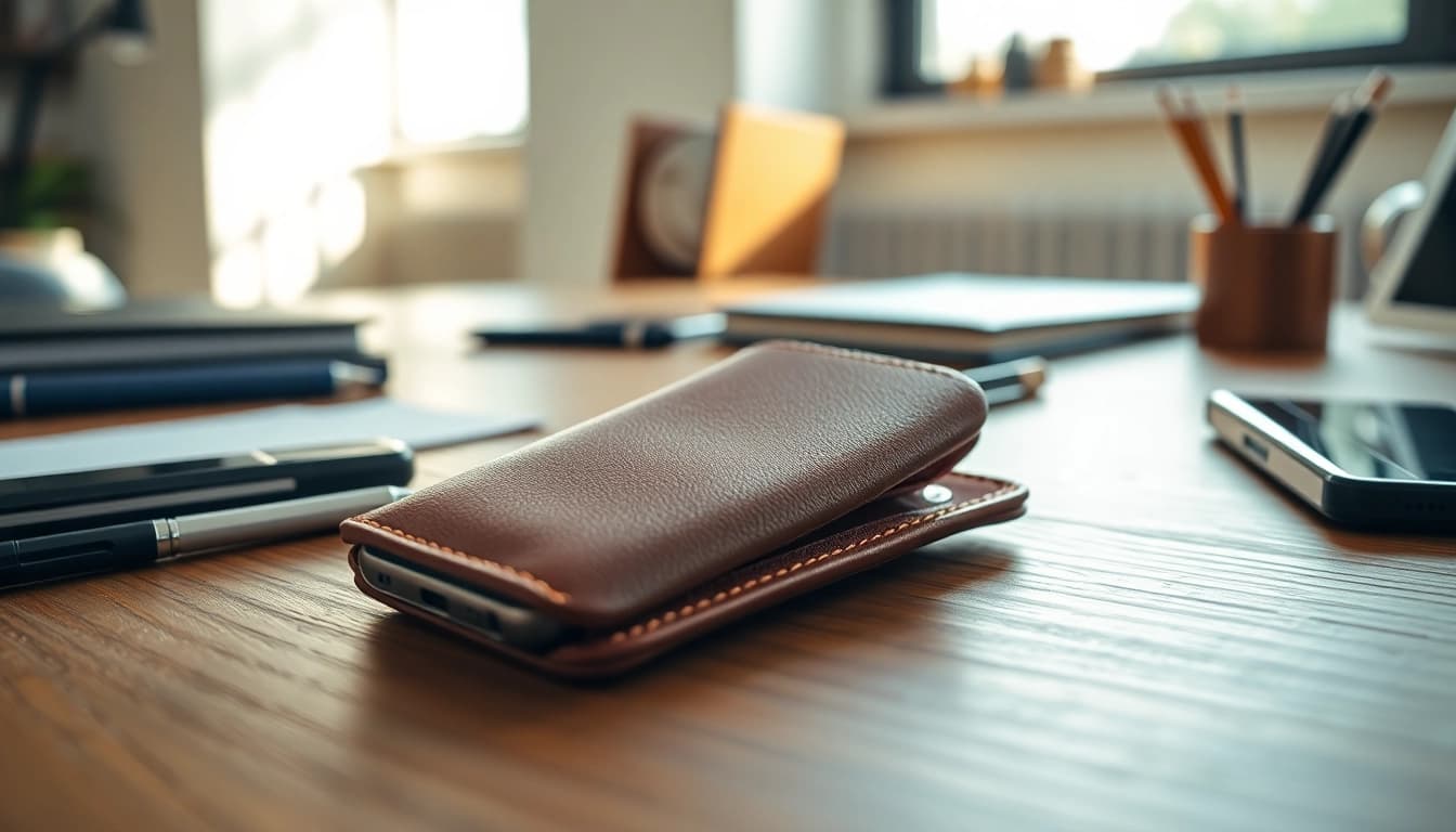 Hochwertige Handytasche Magnetverschluss auf einem eleganten Tisch, kombiniert mit modernen Büroaccessoires.