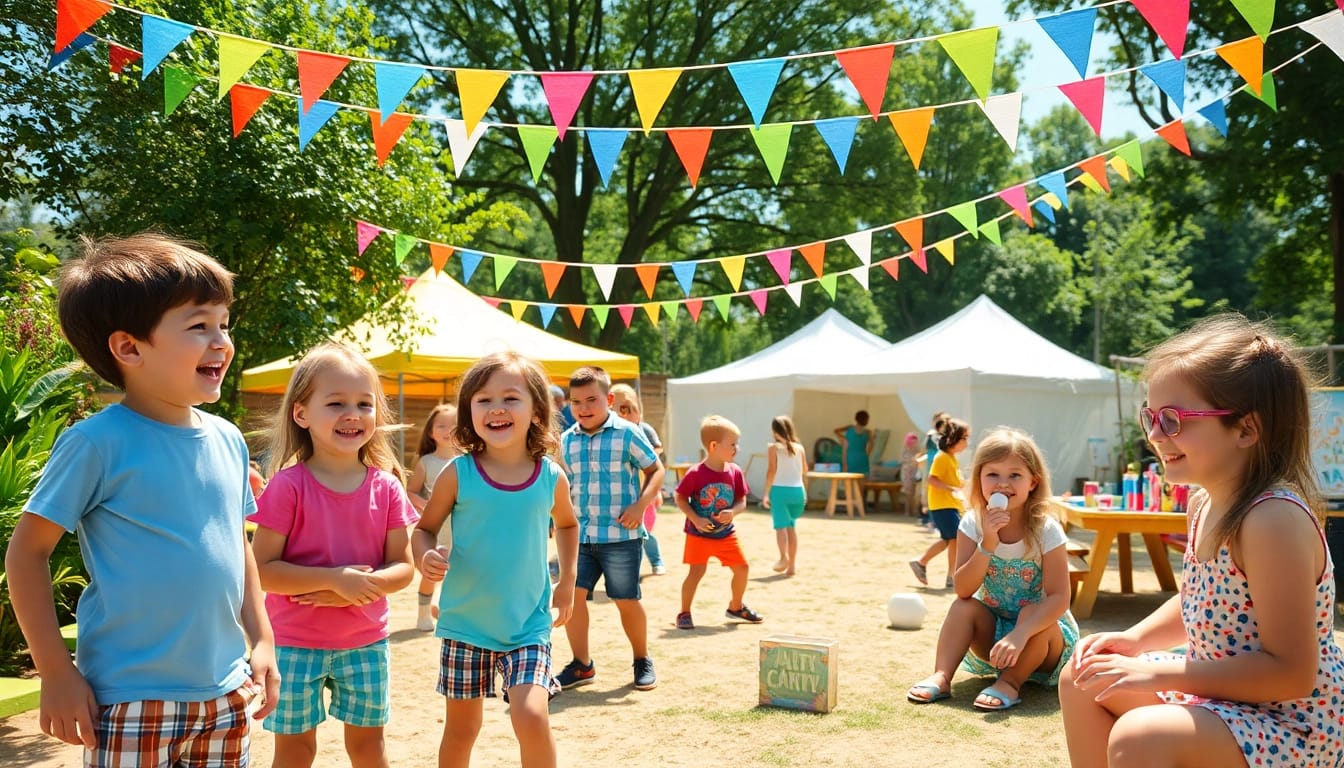 Children enjoying activities at Holiday camps, surrounded by nature and colorful tents.