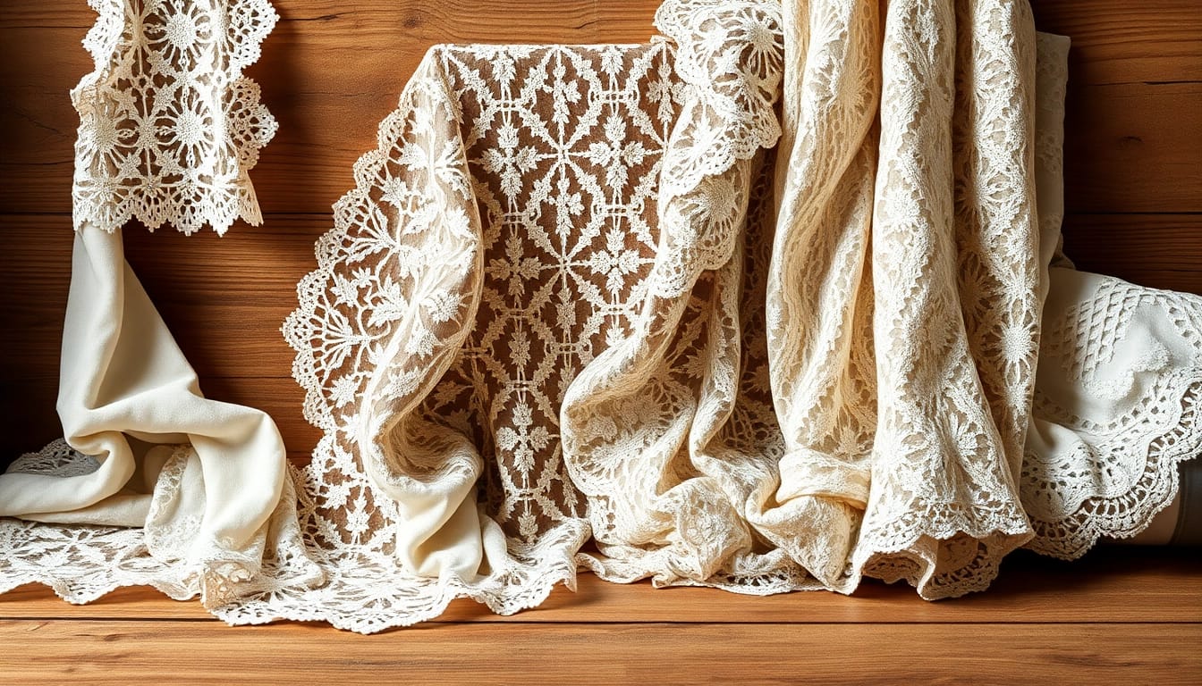 Lace fabrics for kant stof kopen displayed artistically on wood.